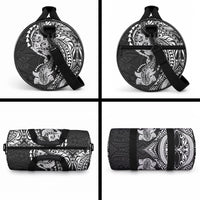 Hawaiian Manta Ray and Hammerhead Shark Tribal Tattoo Duffle Bag with Polynesian Tribal Pattern Black-White Color