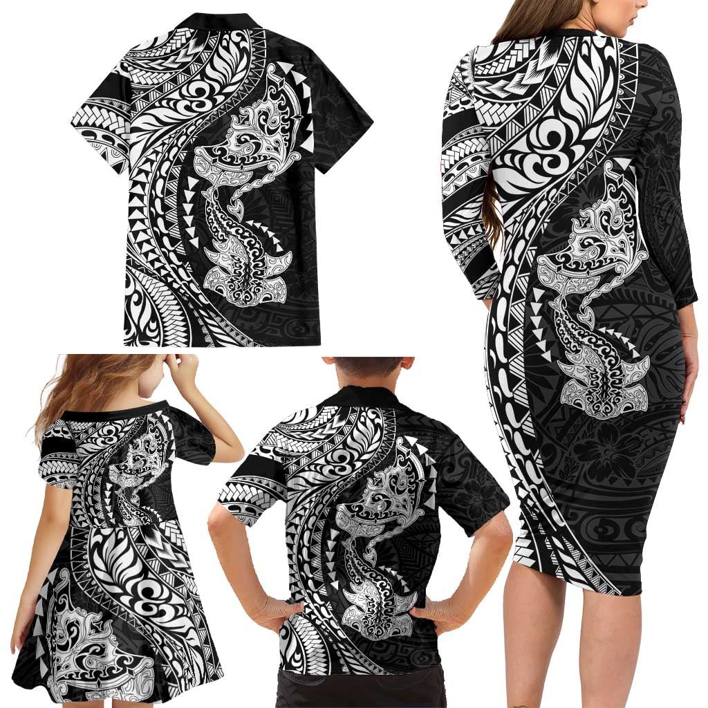 Hawaiian Manta Ray and Hammerhead Shark Tribal Tattoo Family Matching Long Sleeve Bodycon Dress and Hawaiian Shirt with Polynesian Tribal Pattern Black-White Color LT03 - Polynesian Pride