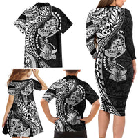 Hawaiian Manta Ray and Hammerhead Shark Tribal Tattoo Family Matching Long Sleeve Bodycon Dress and Hawaiian Shirt with Polynesian Tribal Pattern Black-White Color LT03 - Polynesian Pride