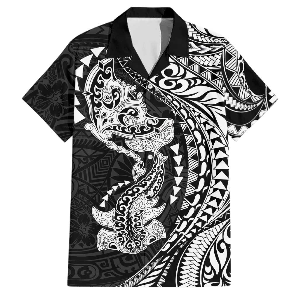 Hawaiian Manta Ray and Hammerhead Shark Tribal Tattoo Family Matching Off The Shoulder Long Sleeve Dress and Hawaiian Shirt with Polynesian Tribal Pattern Black-White Color LT03 Dad's Shirt - Short Sleeve Multicolor - Polynesian Pride
