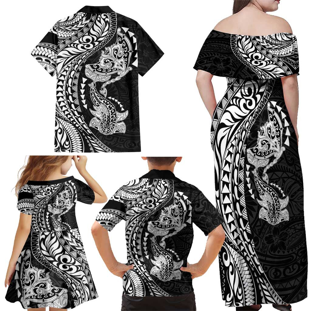 Hawaiian Manta Ray and Hammerhead Shark Tribal Tattoo Family Matching Off Shoulder Maxi Dress and Hawaiian Shirt with Polynesian Tribal Pattern Black-White Color LT03 - Polynesian Pride