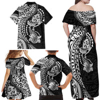 Hawaiian Manta Ray and Hammerhead Shark Tribal Tattoo Family Matching Off Shoulder Maxi Dress and Hawaiian Shirt with Polynesian Tribal Pattern Black-White Color LT03 - Polynesian Pride