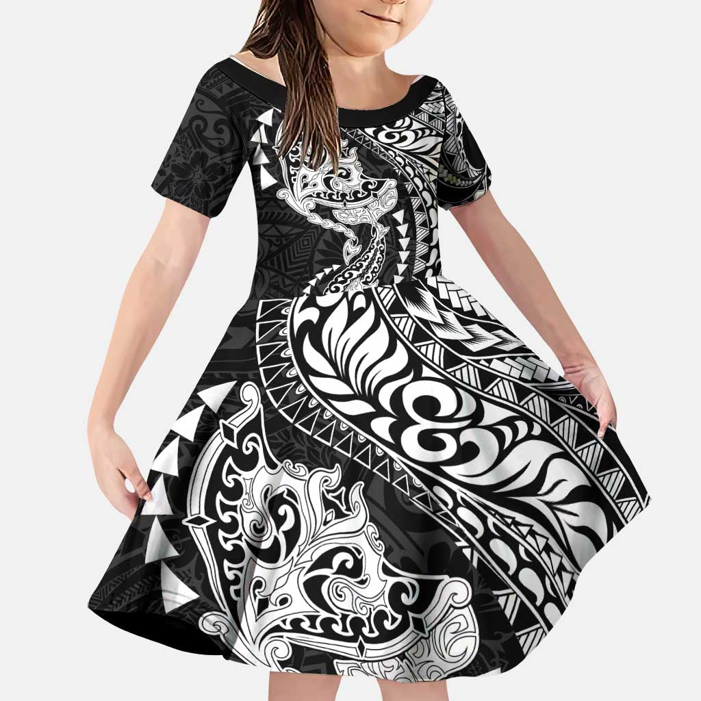 Hawaiian Manta Ray and Hammerhead Shark Tribal Tattoo Family Matching Off Shoulder Short Dress and Hawaiian Shirt with Polynesian Tribal Pattern Black-White Color LT03 Daughter's Dress Multicolor - Polynesian Pride