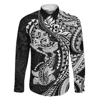 Hawaiian Manta Ray and Hammerhead Shark Tribal Tattoo Family Matching Puletasi and Hawaiian Shirt with Polynesian Tribal Pattern Black-White Color LT03 Dad's Shirt - Long Sleeve Multicolor - Polynesian Pride
