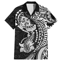 Hawaiian Manta Ray and Hammerhead Shark Tribal Tattoo Family Matching Summer Maxi Dress and Hawaiian Shirt with Polynesian Tribal Pattern Black-White Color LT03 Dad's Shirt - Short Sleeve Multicolor - Polynesian Pride