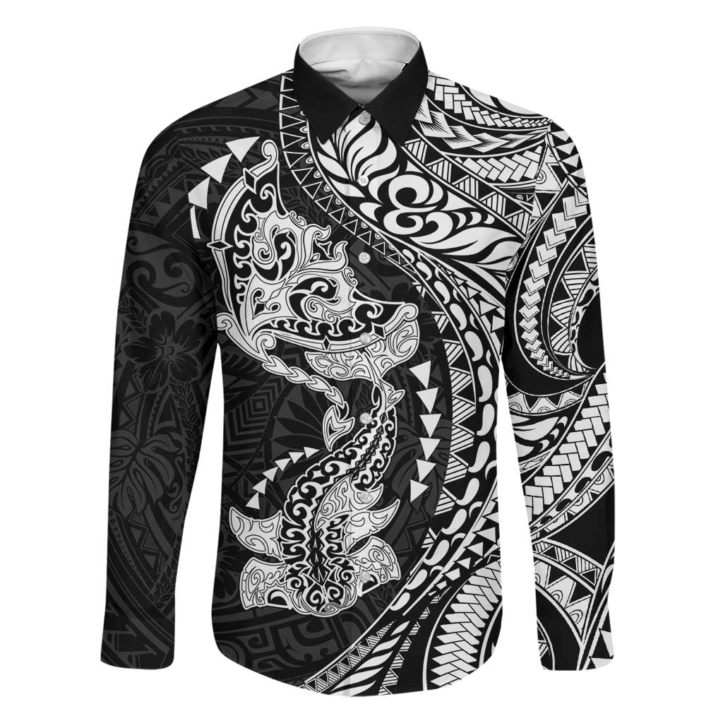 Hawaiian Manta Ray and Hammerhead Shark Tribal Tattoo Family Matching Summer Maxi Dress and Hawaiian Shirt with Polynesian Tribal Pattern Black-White Color LT03 Dad's Shirt - Long Sleeve Multicolor - Polynesian Pride