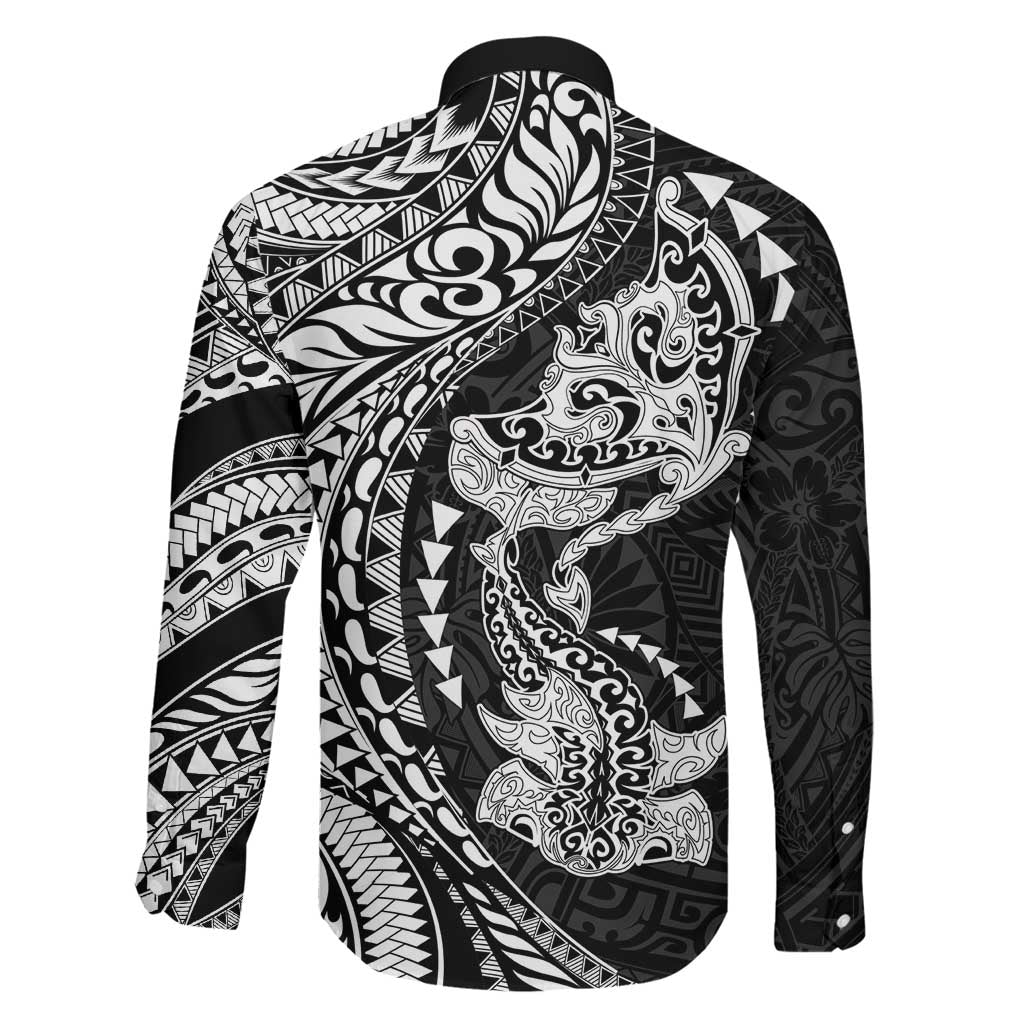 Hawaiian Manta Ray and Hammerhead Shark Tribal Tattoo Family Matching Summer Maxi Dress and Hawaiian Shirt with Polynesian Tribal Pattern Black-White Color LT03 - Polynesian Pride