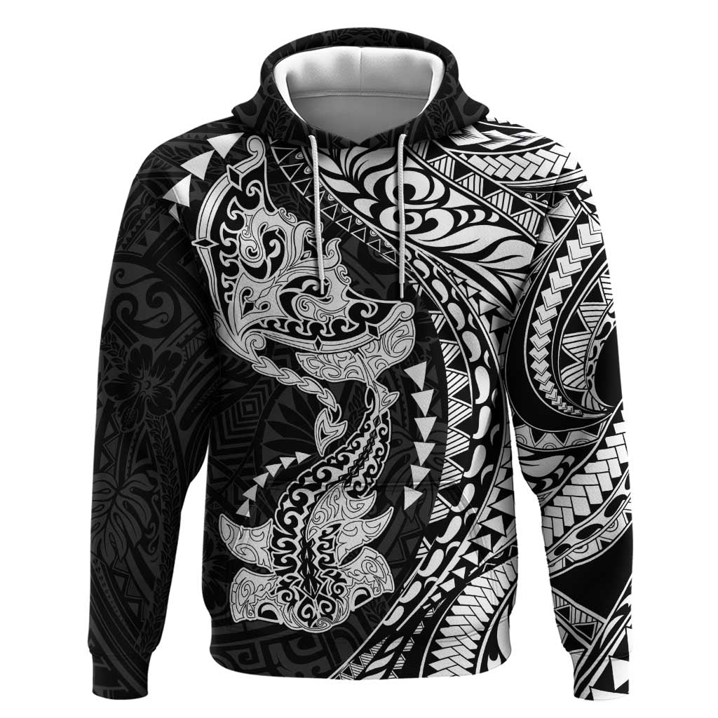 Hawaiian Manta Ray and Hammerhead Shark Tribal Tattoo Hoodie with Polynesian Tribal Pattern Black-White Color LT03 Pullover Hoodie Multicolor - Polynesian Pride