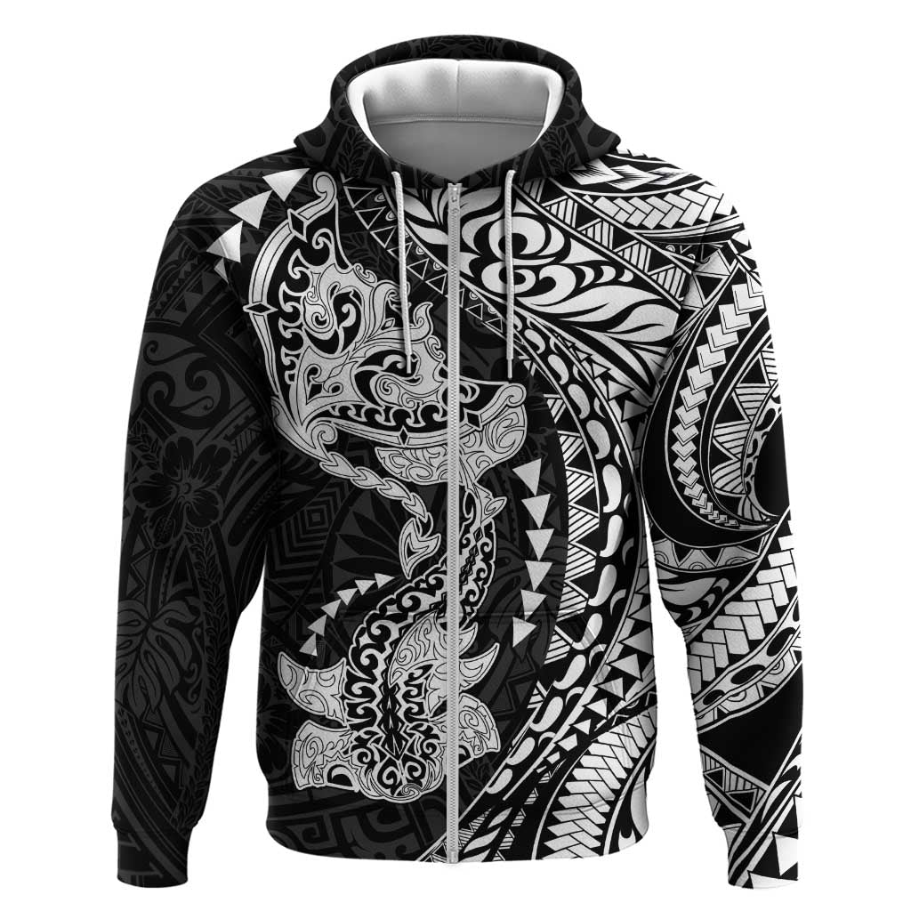 Hawaiian Manta Ray and Hammerhead Shark Tribal Tattoo Hoodie with Polynesian Tribal Pattern Black-White Color LT03 Zip Hoodie Multicolor - Polynesian Pride