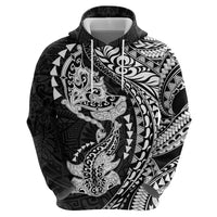 Hawaiian Manta Ray and Hammerhead Shark Tribal Tattoo Hoodie with Polynesian Tribal Pattern Black-White Color LT03 - Polynesian Pride