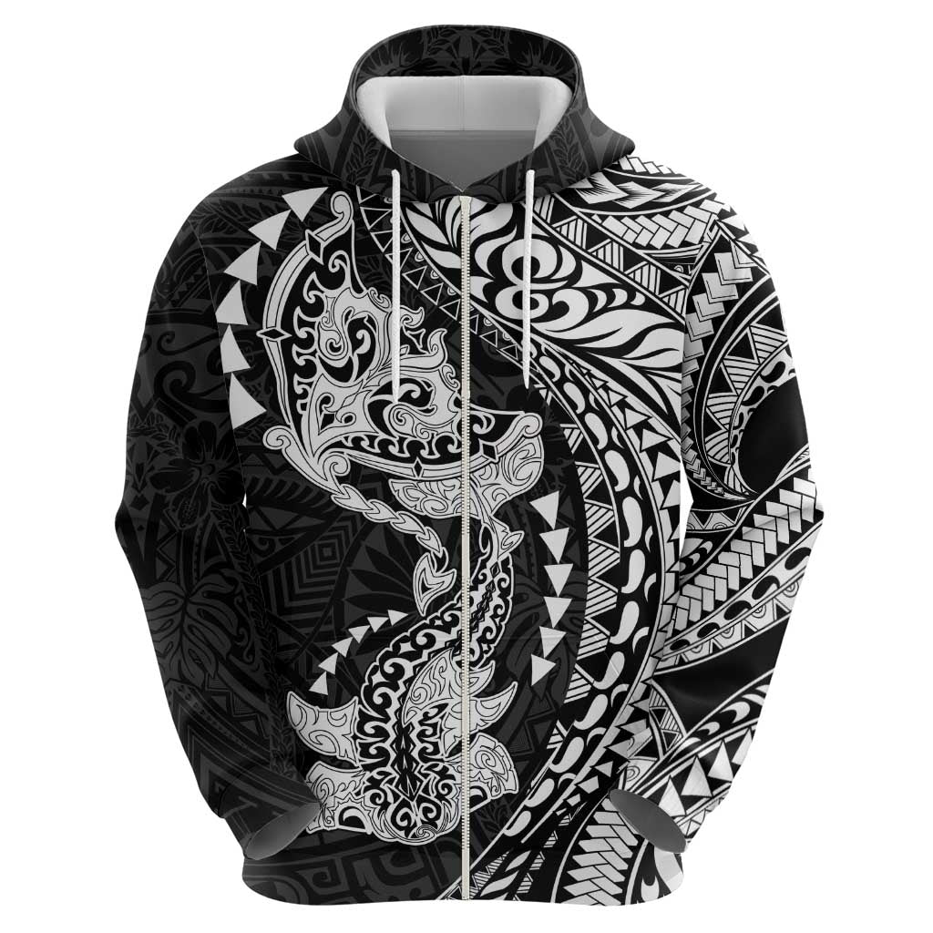 Hawaiian Manta Ray and Hammerhead Shark Tribal Tattoo Hoodie with Polynesian Tribal Pattern Black-White Color LT03 - Polynesian Pride