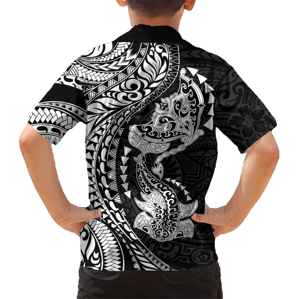 Hawaiian Manta Ray and Hammerhead Shark Tribal Tattoo Kid Hawaiian Shirt with Polynesian Tribal Pattern Black-White Color LT03 - Polynesian Pride