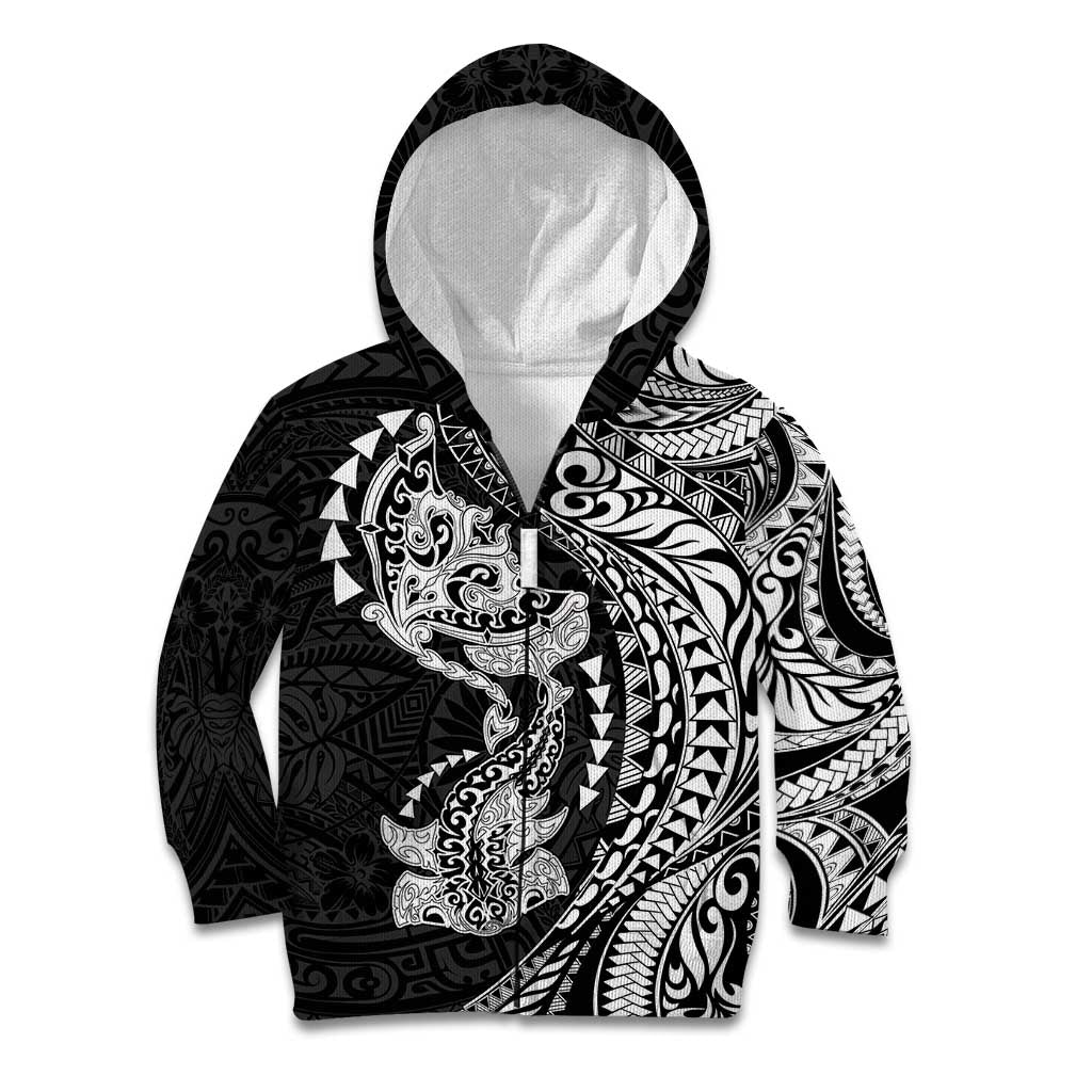 Hawaiian Manta Ray and Hammerhead Shark Tribal Tattoo Kid Hoodie with Polynesian Tribal Pattern Black-White Color LT03 Zip Hoodie Multicolor - Polynesian Pride