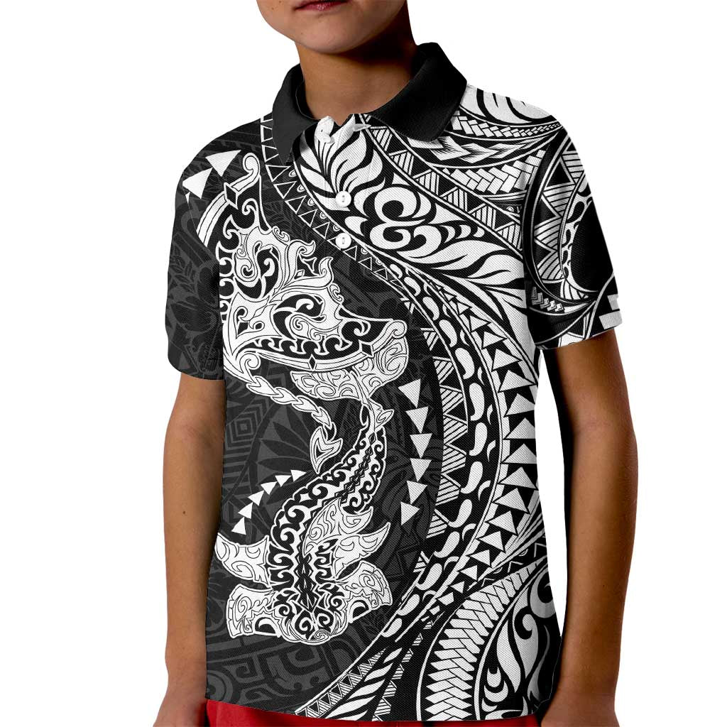 Hawaiian Manta Ray and Hammerhead Shark Tribal Tattoo Kid Polo Shirt with Polynesian Tribal Pattern Black-White Color LT03 Kid Multicolor - Polynesian Pride