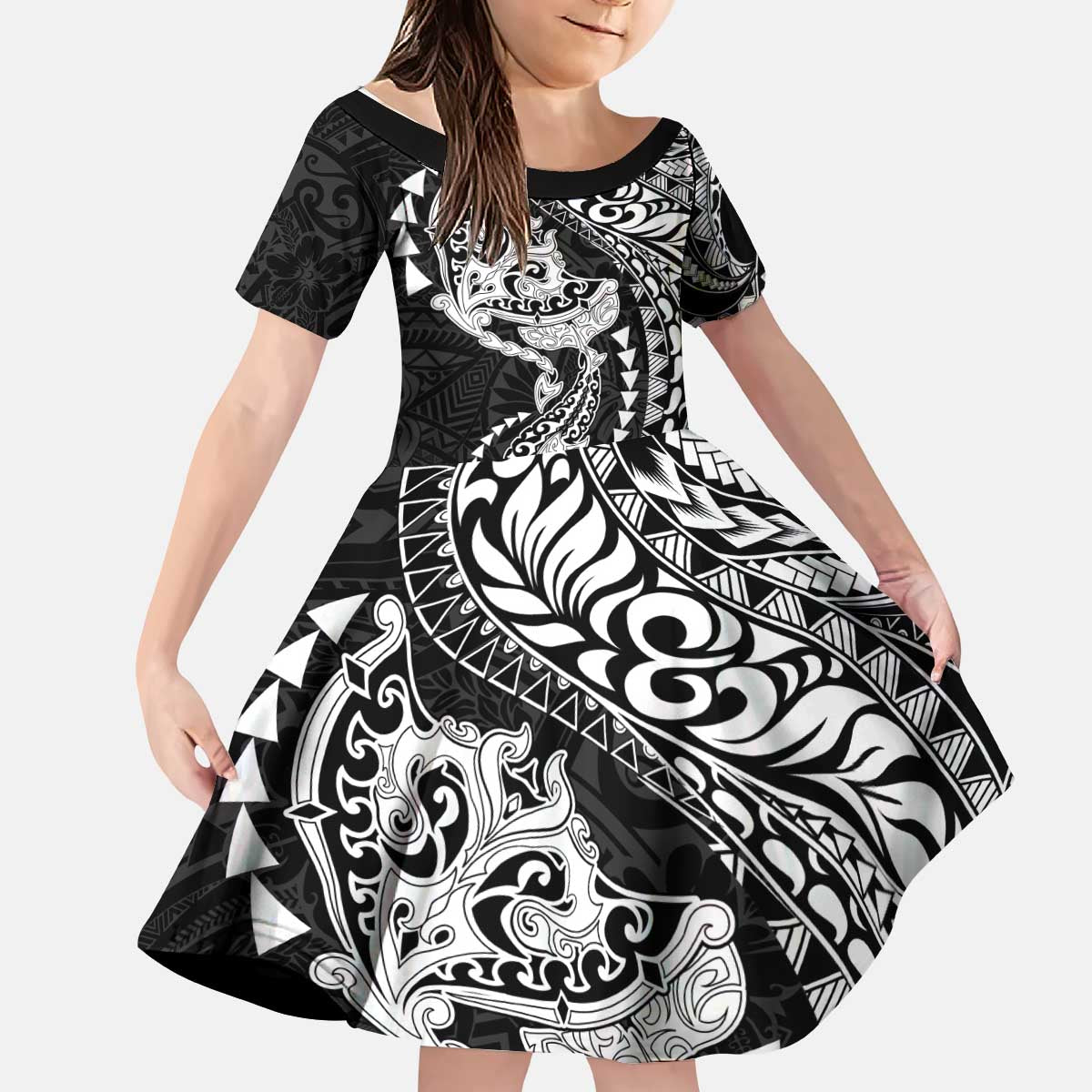 Hawaiian Manta Ray and Hammerhead Shark Tribal Tattoo Kid Short Sleeve Dress with Polynesian Tribal Pattern Black-White Color LT03 KID Multicolor - Polynesian Pride