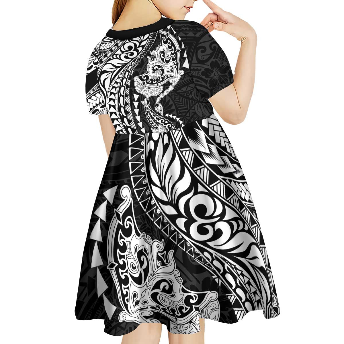 Hawaiian Manta Ray and Hammerhead Shark Tribal Tattoo Kid Short Sleeve Dress with Polynesian Tribal Pattern Black-White Color LT03 - Polynesian Pride