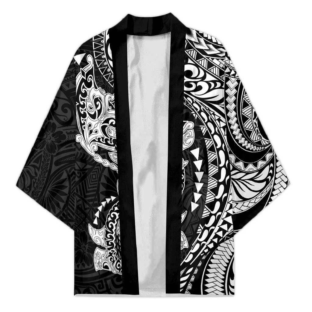 Hawaiian Manta Ray and Hammerhead Shark Tribal Tattoo Kimono with Polynesian Tribal Pattern Black-White Color