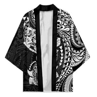 Hawaiian Manta Ray and Hammerhead Shark Tribal Tattoo Kimono with Polynesian Tribal Pattern Black-White Color