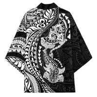 Hawaiian Manta Ray and Hammerhead Shark Tribal Tattoo Kimono with Polynesian Tribal Pattern Black-White Color