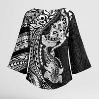 Hawaiian Manta Ray and Hammerhead Shark Tribal Tattoo Kimono Sleeve Blouse with Polynesian Tribal Pattern Black-White Color LT03 - Polynesian Pride