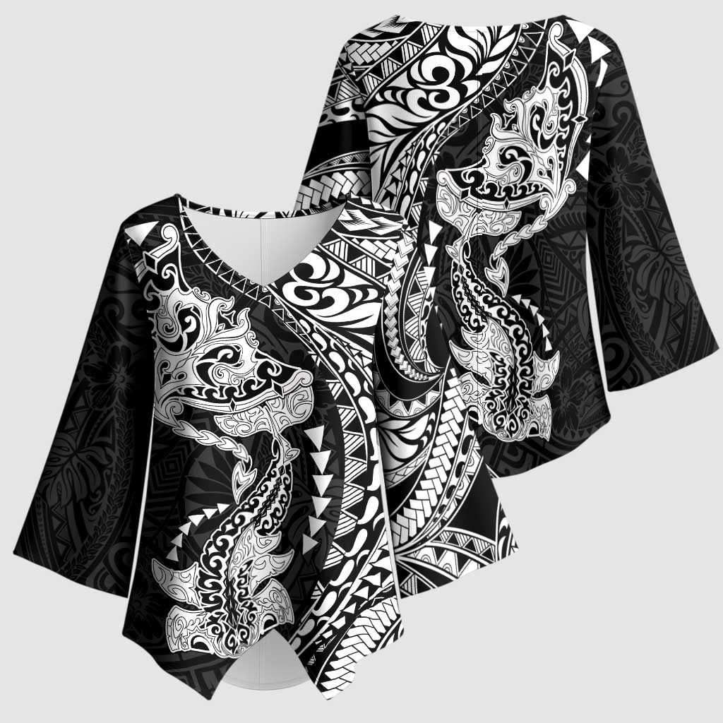 Hawaiian Manta Ray and Hammerhead Shark Tribal Tattoo Kimono Sleeve Blouse with Polynesian Tribal Pattern Black-White Color LT03 - Polynesian Pride