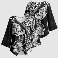 Hawaiian Manta Ray and Hammerhead Shark Tribal Tattoo Kimono Sleeve Blouse with Polynesian Tribal Pattern Black-White Color LT03 - Polynesian Pride