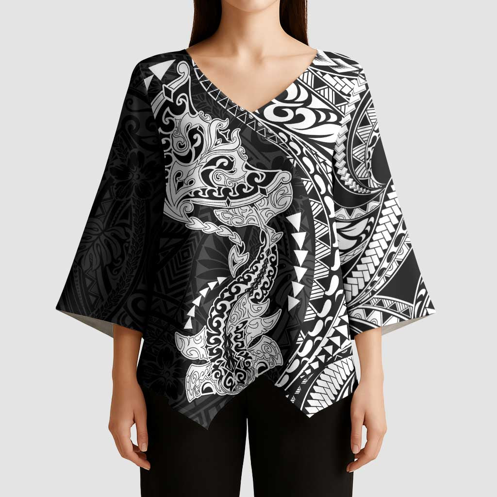 Hawaiian Manta Ray and Hammerhead Shark Tribal Tattoo Kimono Sleeve Blouse with Polynesian Tribal Pattern Black-White Color LT03 - Polynesian Pride