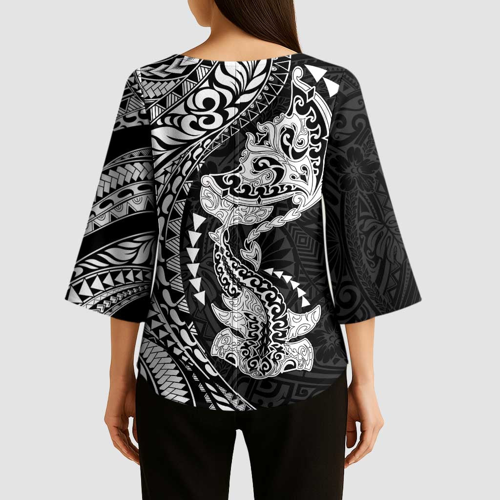 Hawaiian Manta Ray and Hammerhead Shark Tribal Tattoo Kimono Sleeve Blouse with Polynesian Tribal Pattern Black-White Color LT03 - Polynesian Pride