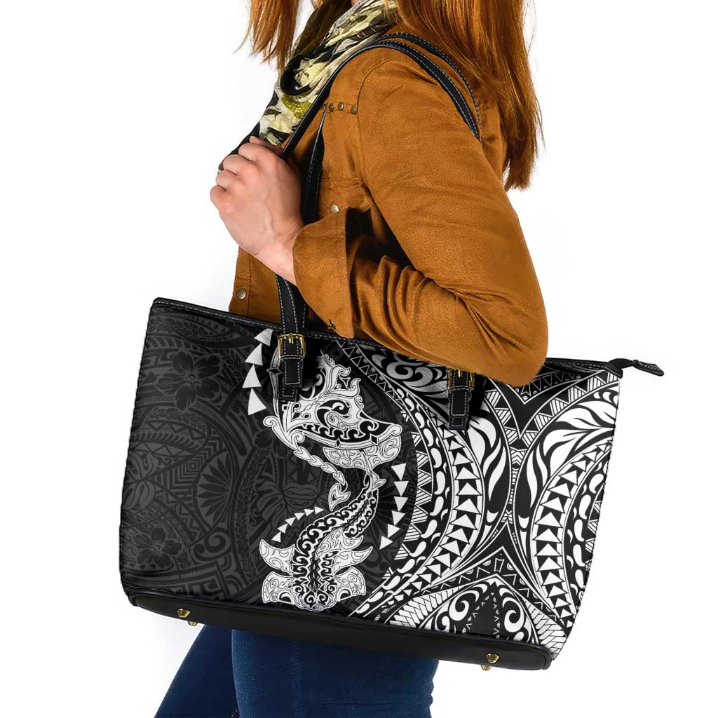 Hawaiian Manta Ray and Hammerhead Shark Tribal Tattoo Leather Tote Bag with Polynesian Tribal Pattern Black-White Color LT03 Multicolor - Polynesian Pride