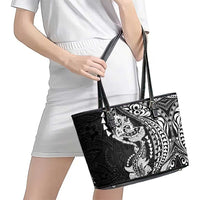 Hawaiian Manta Ray and Hammerhead Shark Tribal Tattoo Leather Tote Bag with Polynesian Tribal Pattern Black-White Color LT03 - Polynesian Pride