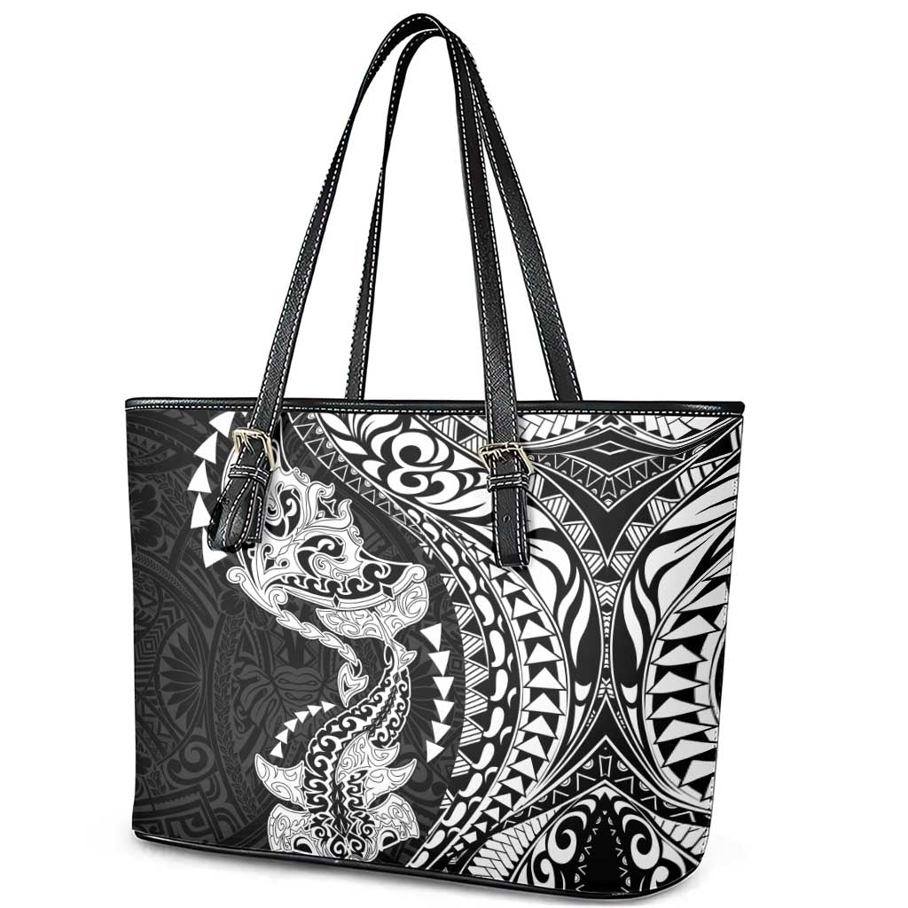 Hawaiian Manta Ray and Hammerhead Shark Tribal Tattoo Leather Tote Bag with Polynesian Tribal Pattern Black-White Color LT03 - Polynesian Pride