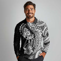 Hawaiian Manta Ray and Hammerhead Shark Tribal Tattoo Long Sleeve Polo Shirt with Polynesian Tribal Pattern Black-White Color LT03 - Polynesian Pride
