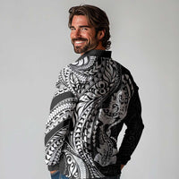 Hawaiian Manta Ray and Hammerhead Shark Tribal Tattoo Long Sleeve Polo Shirt with Polynesian Tribal Pattern Black-White Color LT03 - Polynesian Pride