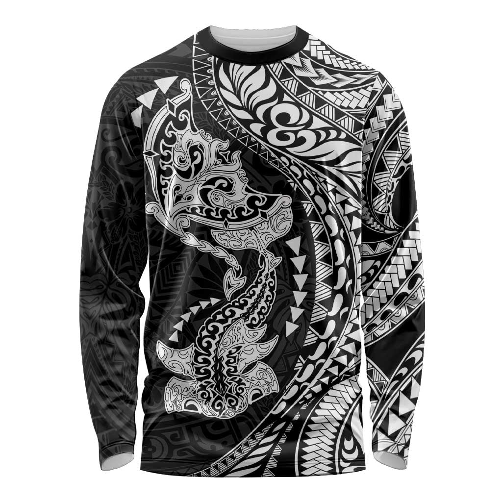 Hawaiian Manta Ray and Hammerhead Shark Tribal Tattoo Long Sleeve Shirt with Polynesian Tribal Pattern Black-White Color LT03 Unisex Multicolor - Polynesian Pride