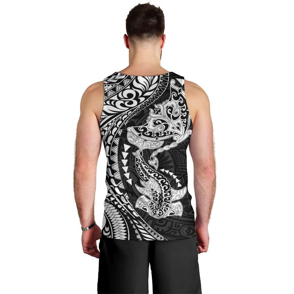 Hawaiian Manta Ray and Hammerhead Shark Tribal Tattoo Men Tank Top with Polynesian Tribal Pattern Black-White Color LT03 - Polynesian Pride