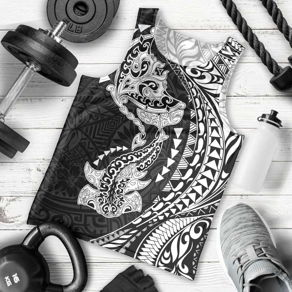 Hawaiian Manta Ray and Hammerhead Shark Tribal Tattoo Men Tank Top with Polynesian Tribal Pattern Black-White Color LT03 - Polynesian Pride