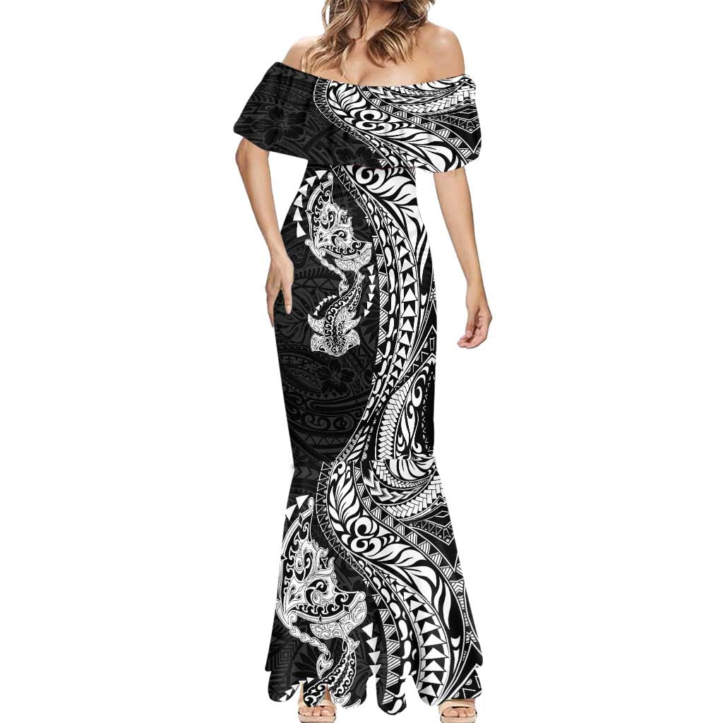 Hawaiian Manta Ray and Hammerhead Shark Tribal Tattoo Mermaid Dress with Polynesian Tribal Pattern Black-White Color LT03 - Polynesian Pride