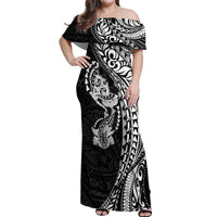 Hawaiian Manta Ray and Hammerhead Shark Tribal Tattoo Off Shoulder Maxi Dress with Polynesian Tribal Pattern Black-White Color LT03 Women Multicolor - Polynesian Pride