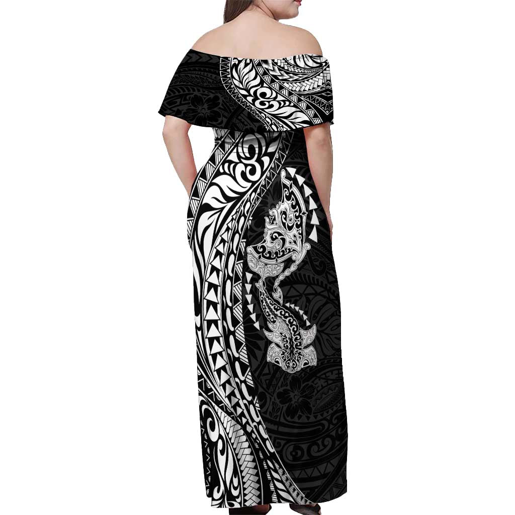 Hawaiian Manta Ray and Hammerhead Shark Tribal Tattoo Off Shoulder Maxi Dress with Polynesian Tribal Pattern Black-White Color LT03 - Polynesian Pride