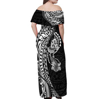 Hawaiian Manta Ray and Hammerhead Shark Tribal Tattoo Off Shoulder Maxi Dress with Polynesian Tribal Pattern Black-White Color LT03 - Polynesian Pride