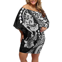 Hawaiian Manta Ray and Hammerhead Shark Tribal Tattoo Off Shoulder Short Dress with Polynesian Tribal Pattern Black-White Color LT03 Women Multicolor - Polynesian Pride