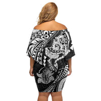 Hawaiian Manta Ray and Hammerhead Shark Tribal Tattoo Off Shoulder Short Dress with Polynesian Tribal Pattern Black-White Color LT03 - Polynesian Pride