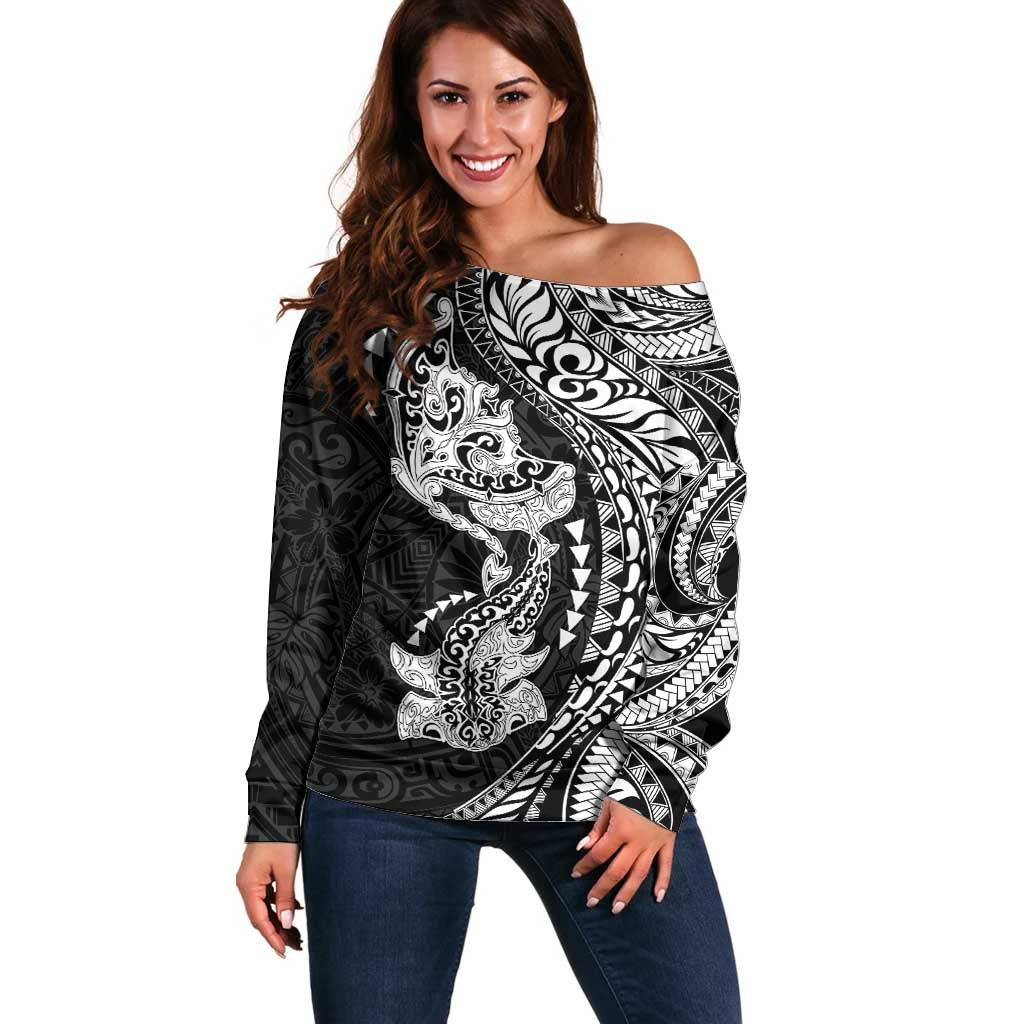 Hawaiian Manta Ray and Hammerhead Shark Tribal Tattoo Off Shoulder Sweater with Polynesian Tribal Pattern Black-White Color LT03 Women Multicolor - Polynesian Pride