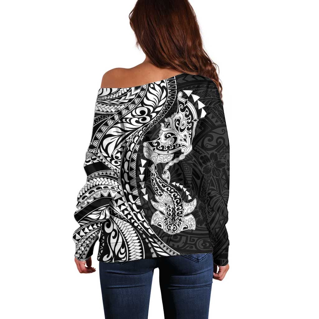Hawaiian Manta Ray and Hammerhead Shark Tribal Tattoo Off Shoulder Sweater with Polynesian Tribal Pattern Black-White Color LT03 - Polynesian Pride