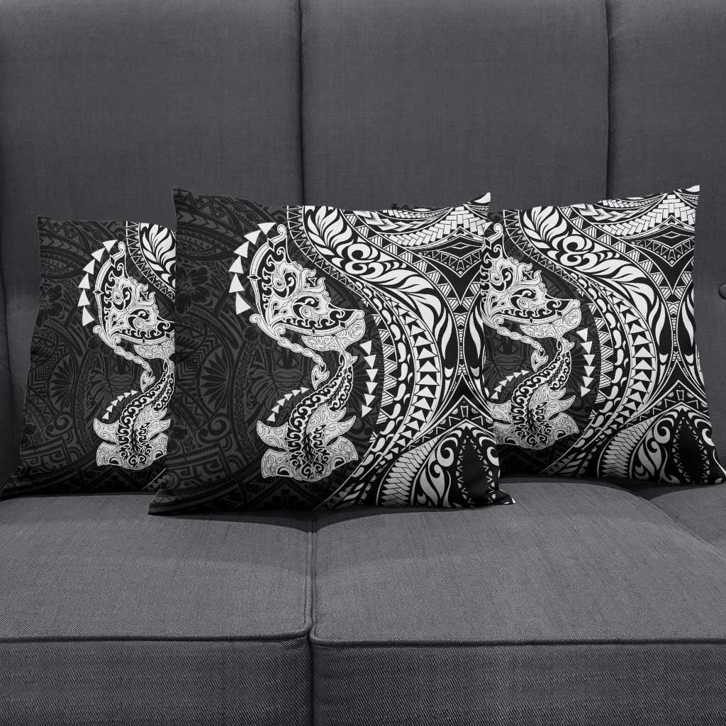 Hawaiian Manta Ray and Hammerhead Shark Tribal Tattoo Pillow Cover with Polynesian Tribal Pattern Black-White Color LT03 - Polynesian Pride