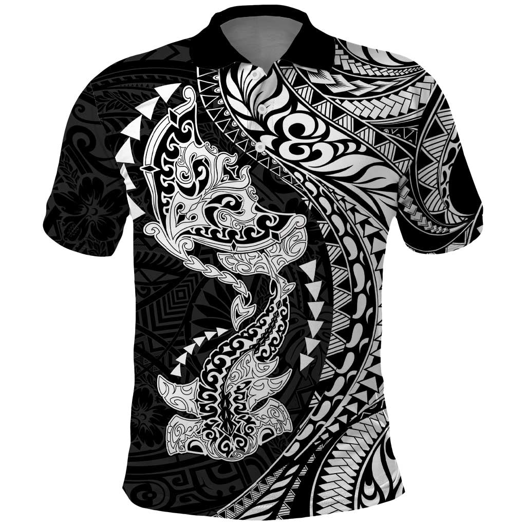 Hawaiian Manta Ray and Hammerhead Shark Tribal Tattoo Polo Shirt with Polynesian Tribal Pattern Black-White Color LT03 Multicolor - Polynesian Pride