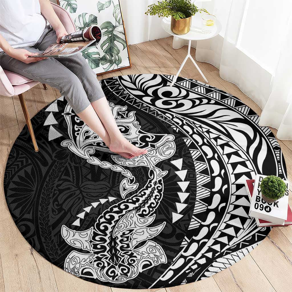 Hawaiian Manta Ray and Hammerhead Shark Tribal Tattoo Round Carpet with Polynesian Tribal Pattern Black-White Color LT03 - Polynesian Pride