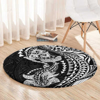 Hawaiian Manta Ray and Hammerhead Shark Tribal Tattoo Round Carpet with Polynesian Tribal Pattern Black-White Color LT03 - Polynesian Pride