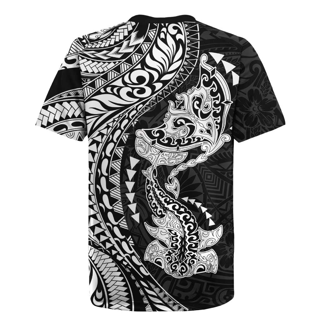 Hawaiian Manta Ray and Hammerhead Shark Tribal Tattoo Rugby Jersey with Polynesian Tribal Pattern Black-White Color LT03 - Polynesian Pride