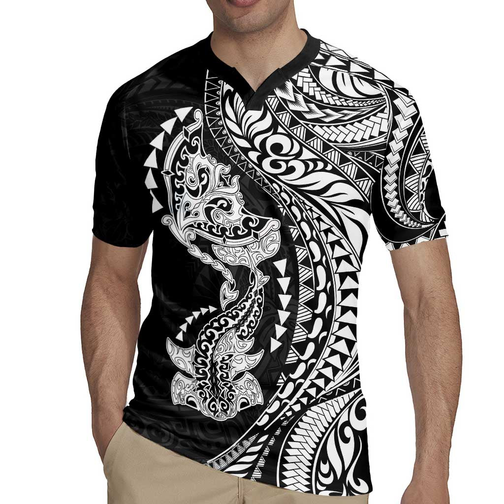 Hawaiian Manta Ray and Hammerhead Shark Tribal Tattoo Rugby Jersey with Polynesian Tribal Pattern Black-White Color LT03 - Polynesian Pride